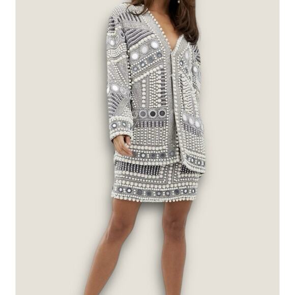 ASOS Edition Embellished Pearl & Bead Heavyweight Jacket Gray Size US 8 - Picture 4 of 16